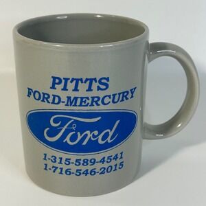 Vintage Pitts Ford-Mercury Dealership Ceramic Coffee Mug Gray Blue Logo